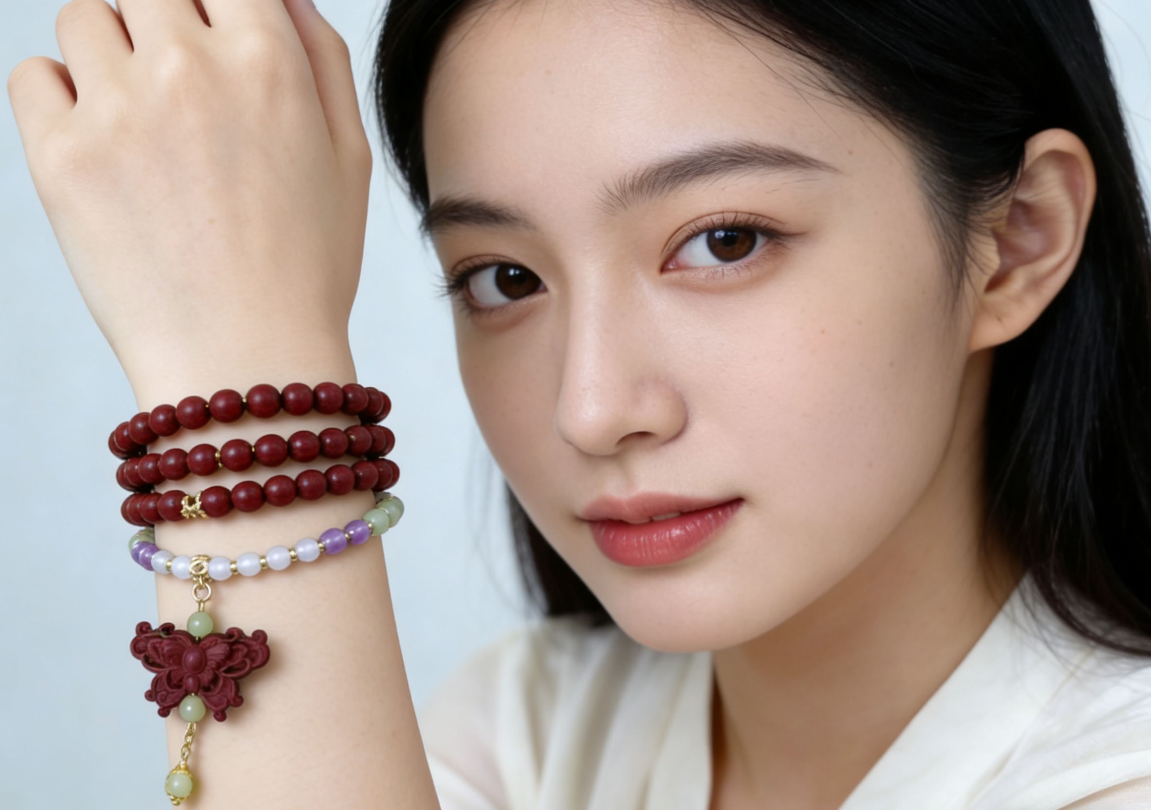 花蕊夫人圆珠与蝴蝶香牌双制长手链