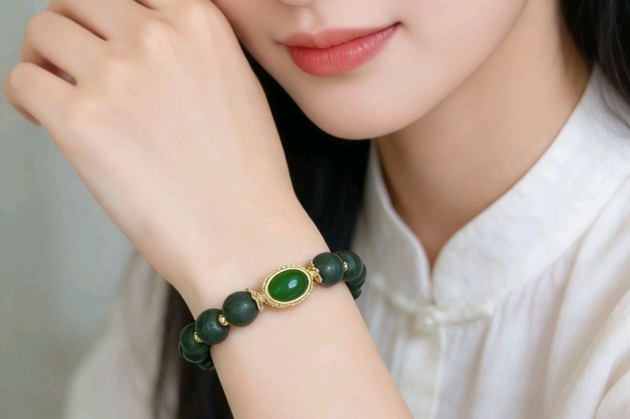 松塔香衬镶金绿翡翠手链
